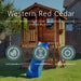 Outdoor Living Today 7x9 Cozy Cabin Signature Cedar Playhouse & Sandbox featuring western red cedar material with icons representing sustainability, longevity, and functionality