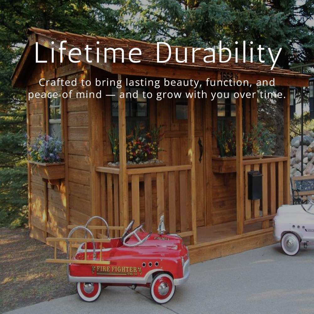 Outdoor Living Today 7x9 Cozy Cabin Signature Cedar Playhouse & Sandbox highlighting durable cedar construction with a finished playhouse and toy car in front