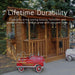 Outdoor Living Today 7x9 Cozy Cabin Signature Cedar Playhouse & Sandbox highlighting durable cedar construction with a finished playhouse and toy car in front