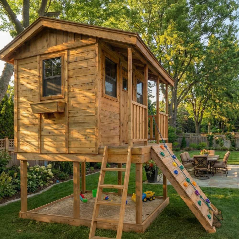 Outdoor Living Today 7x9 Cozy Cabin Signature Cedar Playhouse & Sandbox with cedar siding, porch entry, ladder, and angled climbing wall