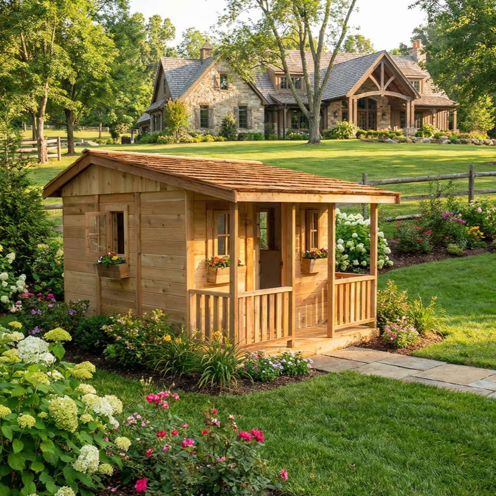 Outdoor Living Today 7x9 Cozy Cabin Signature Cedar Playhouse & Sandbox with compact porch, window planters, and garden surroundings on a green lawn