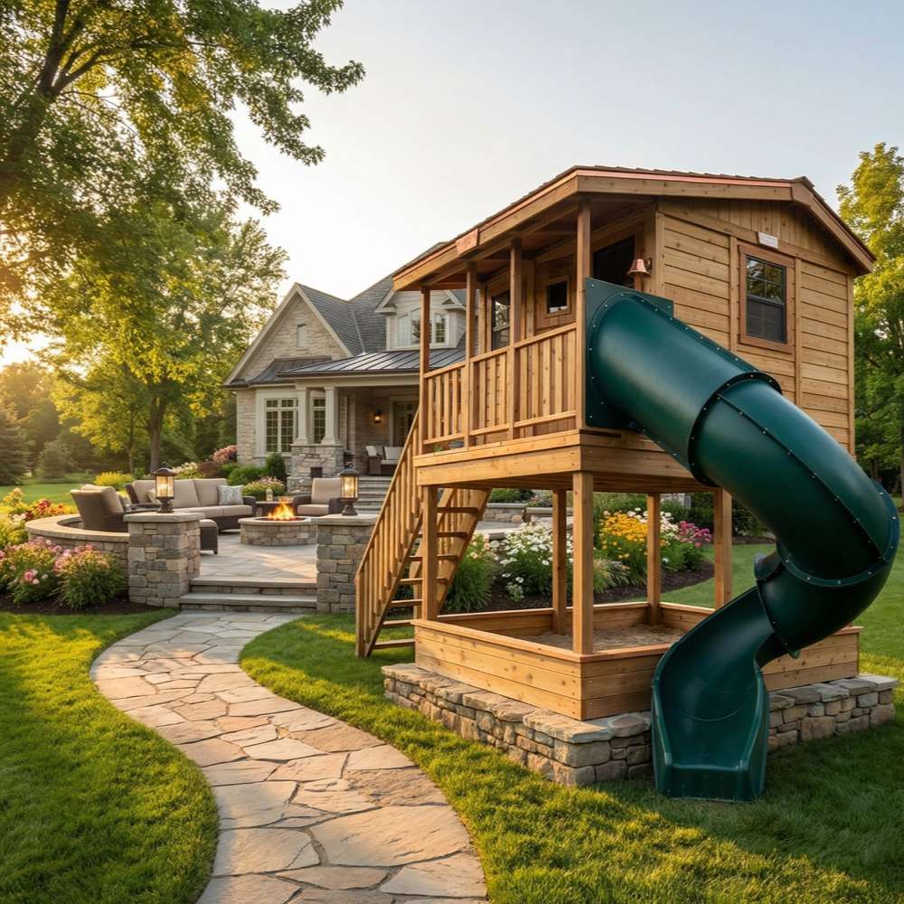 Outdoor Living Today 7x9 Cozy Cabin Signature Cedar Playhouse & Sandbox with elevated porch, staircase access, and large spiral tube slide