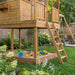 Outdoor Living Today 7x9 Cozy Cabin Signature Cedar Playhouse & Sandbox with ladder, swing set attachment, and sandbox play area beneath