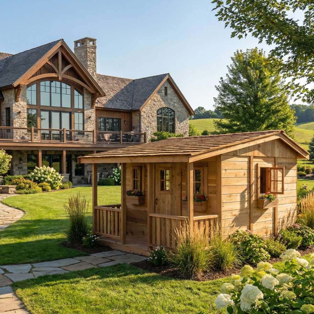 Outdoor Living Today 7x9 Cozy Cabin Signature Cedar Playhouse & Sandbox with natural cedar finish, front porch, and flower boxes set in a landscaped backyard near a large home