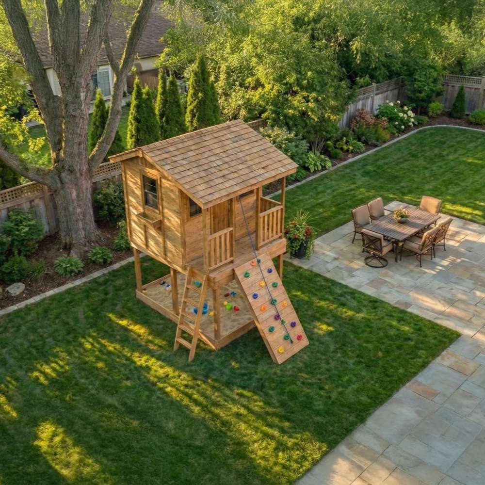 Outdoor Living Today 7x9 Cozy Cabin Signature Cedar Playhouse & Sandbox with raised cabin, ladder, climbing wall, and built-in sandbox underneath