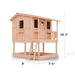 Outdoor Living Today 7x9 Cozy Cabin Signature Cedar Playhouse & Sandbox with raised cedar structure, front porch, ladder, and compact footprint dimensions