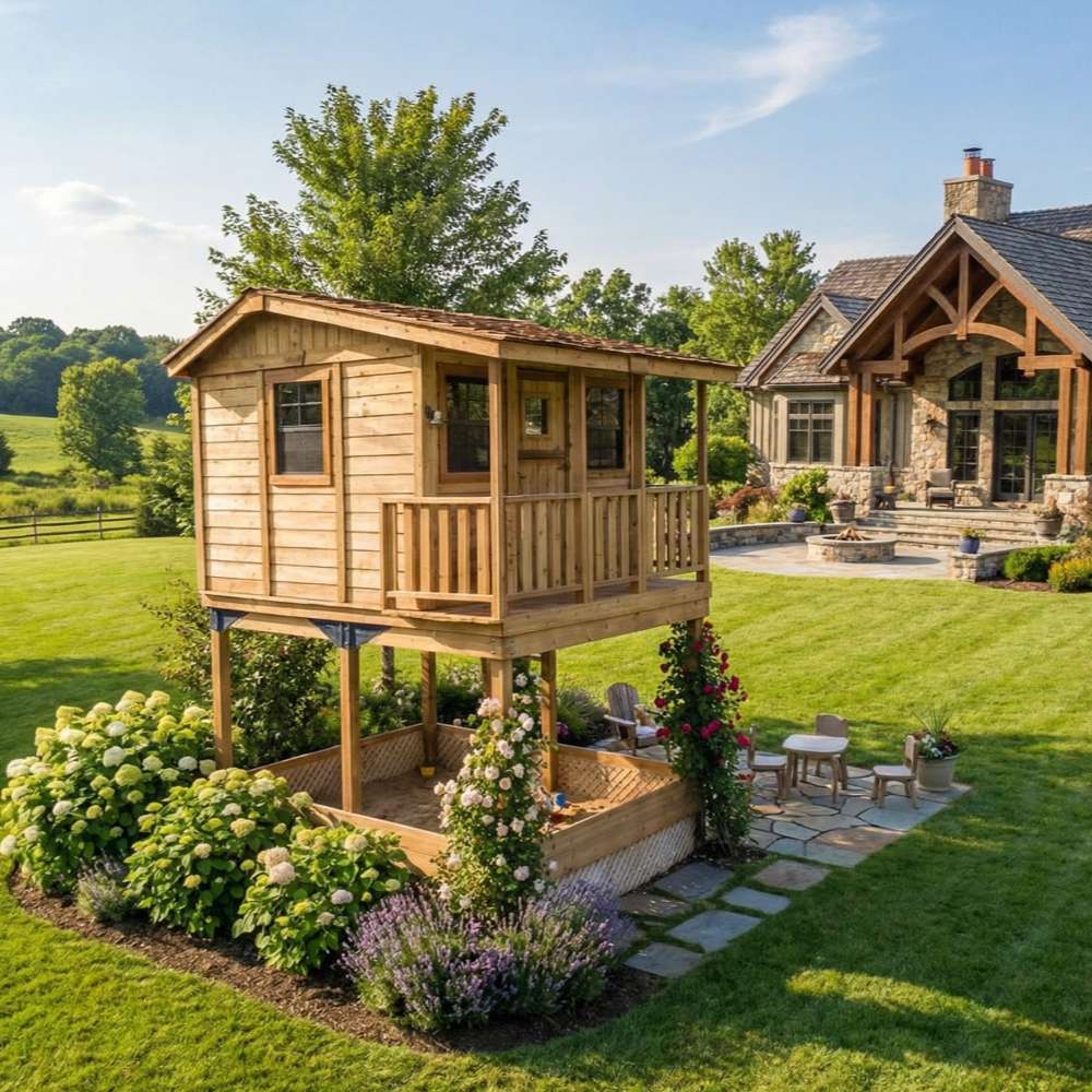 Outdoor Living Today 7x9 Cozy Cabin Signature Cedar Playhouse & Sandbox with raised design, front porch, and sandbox base in a spacious yard