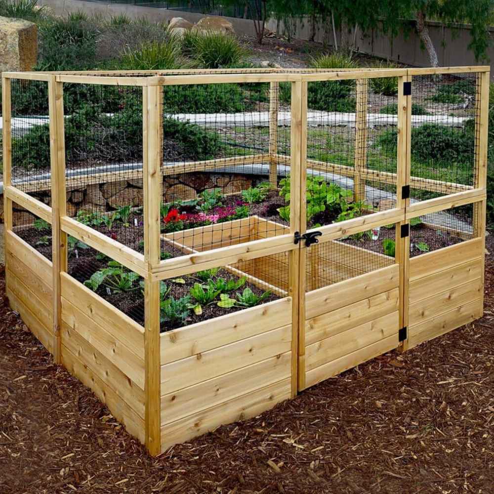 Outdoor Living Today 8×8 Raised Garden Bed is fully enclosed with a wooden and wire fence, containing thriving vegetables and flowers