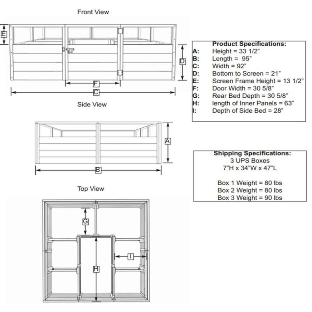 Outdoor Living Today 8×8 Raised Garden Bed is shown in a labeled technical diagram with dimensions for height, width, depth, and shipping specifications