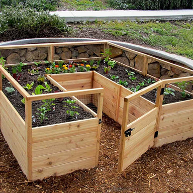 Outdoor Living Today 8×8 Raised Garden Bed is shown with an open gate and freshly planted vegetables and flowers inside its wooden frame