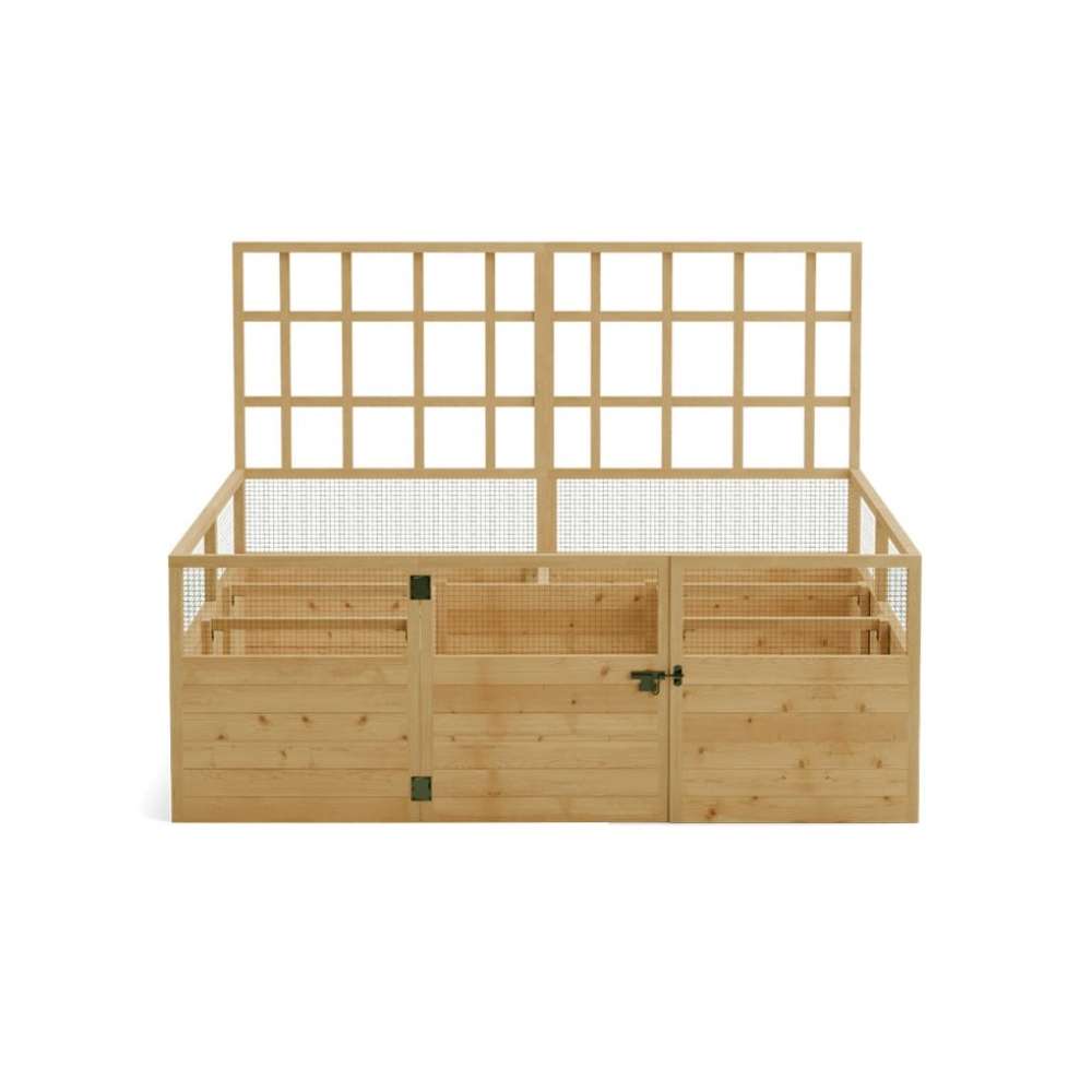 Outdoor Living Today Raised Garden Bed Climbing Support wooden raised bed with mesh sides and tall lattice for climbing plants