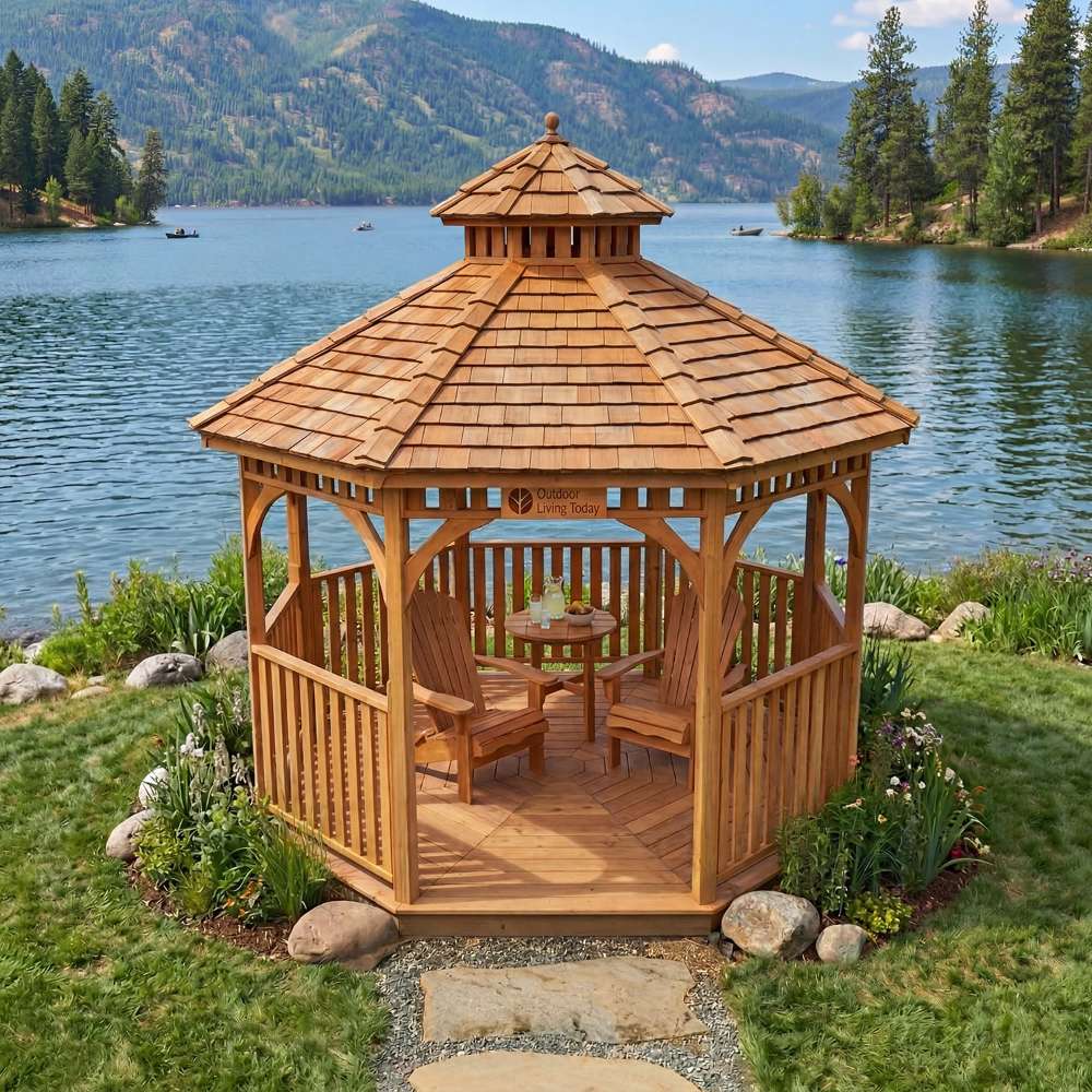 Outdoor Living Today Western Red Cedar Octagon Bayside Gazebo sits on a landscaped lakeside with seating and beautiful water views