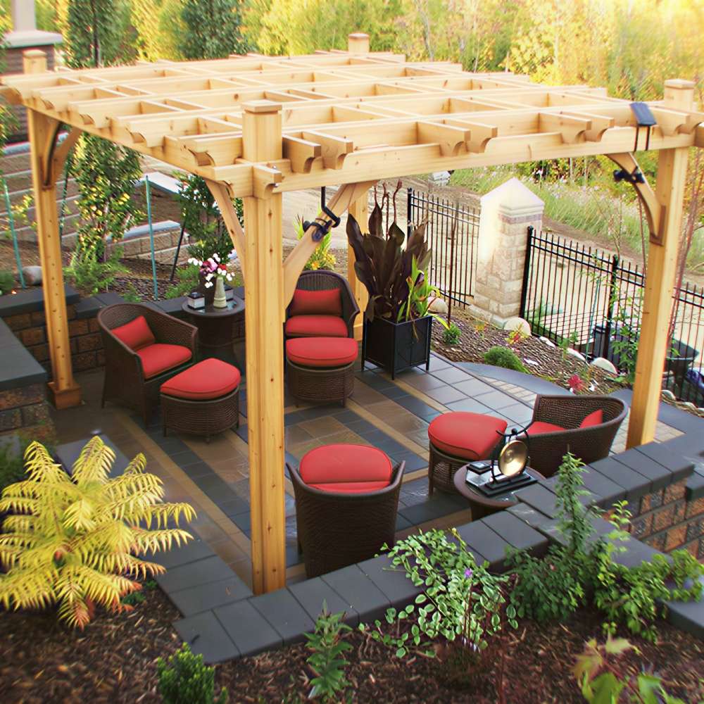 Outdoor Living Today Western Red Cedar Pergola & Canopy stands over a stylish backyard patio with cushioned seating, greenery, and decorative garden features