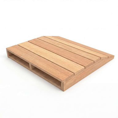 Outdoor Living Today Western Red Cedar Shed Ramp is displayed from the side, showing its raised base and gradual slope for easy entry into a shed