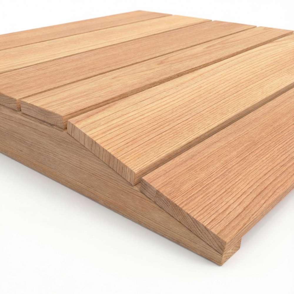 Outdoor Living Today Western Red Cedar Shed Ramp is shown in close-up, highlighting its smooth cedar grain and sturdy slatted construction