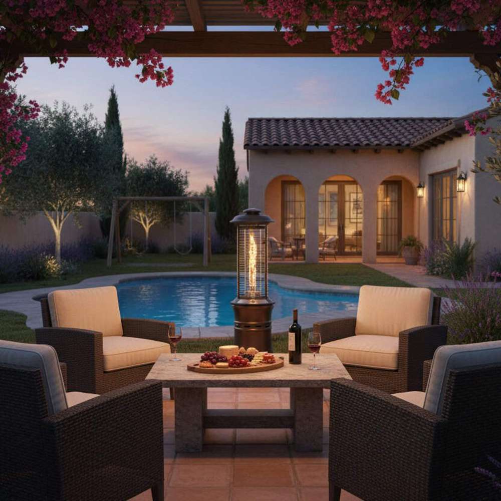 Outdoor Order Axis Collapsible Heater glows behind a wicker lounge set and snack table beside a pool under a flowering pergola