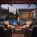 Outdoor Order Axis Collapsible Heater glows behind a wicker lounge set and snack table beside a pool under a flowering pergola