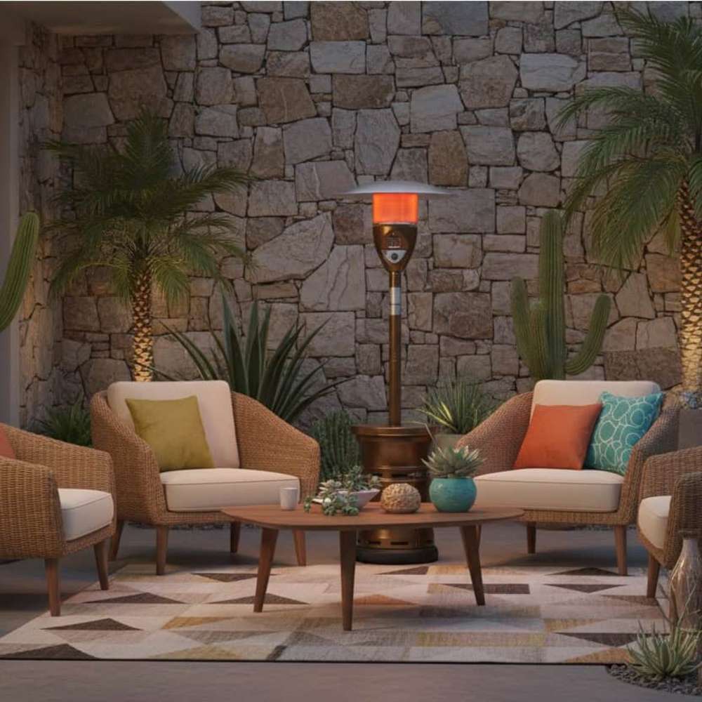 Outdoor Order Halo Traditional Heater stands between two wicker lounge chairs and a coffee table against a stone wall