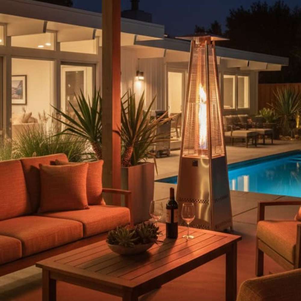 Outdoor Order PrismQuad Tower Heater glows beside an orange sofa and wood coffee table next to a lit pool at night