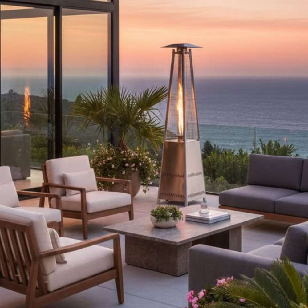 Outdoor Order PrismQuad Tower Heater glows on an ocean-view terrace with lounge chairs and a stone coffee table at sunset