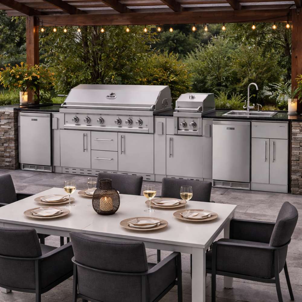 Outdoor dining area with pergola showcasing the Sunstone Gulf Breeze 10ft Expansive Cabinet Island Package and full kitchen features