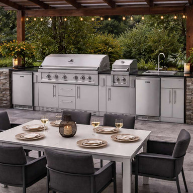 Outdoor dining area with pergola showcasing the Sunstone Gulf Breeze 10ft Expansive Cabinet Island Package and full kitchen features