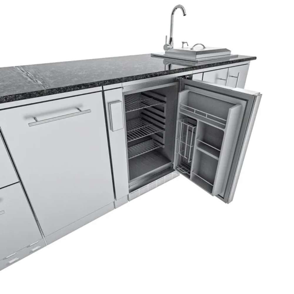 Outdoor fridge of Sunstone Rancher L-Shaped 8′11″ × 11′ Outdoor Kitchen Package opened to show interior racks and storage