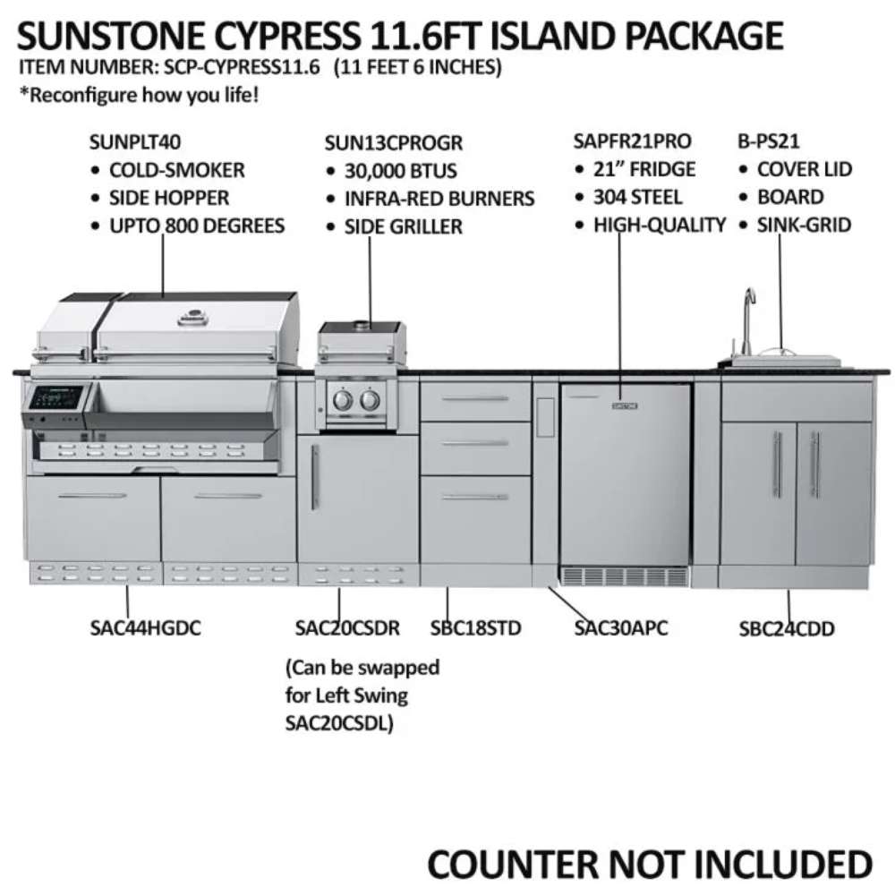 Outdoor kitchen components diagram of the Sunstone Cypress 11.6FT Outdoor Cabinet large Island Package