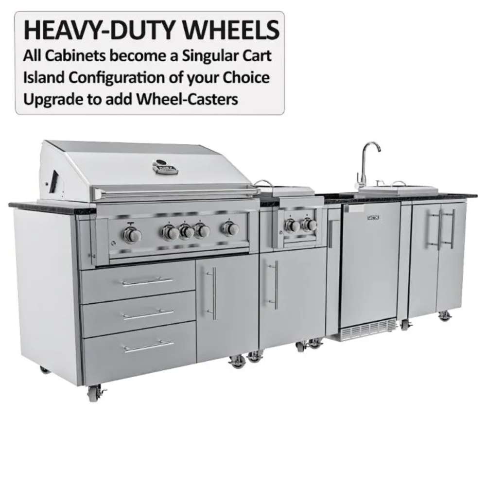 Outdoor kitchen setup with heavy-duty caster wheels for mobility in the Sunstone Texas Tango 19ft Outdoor Kitchen Island Package