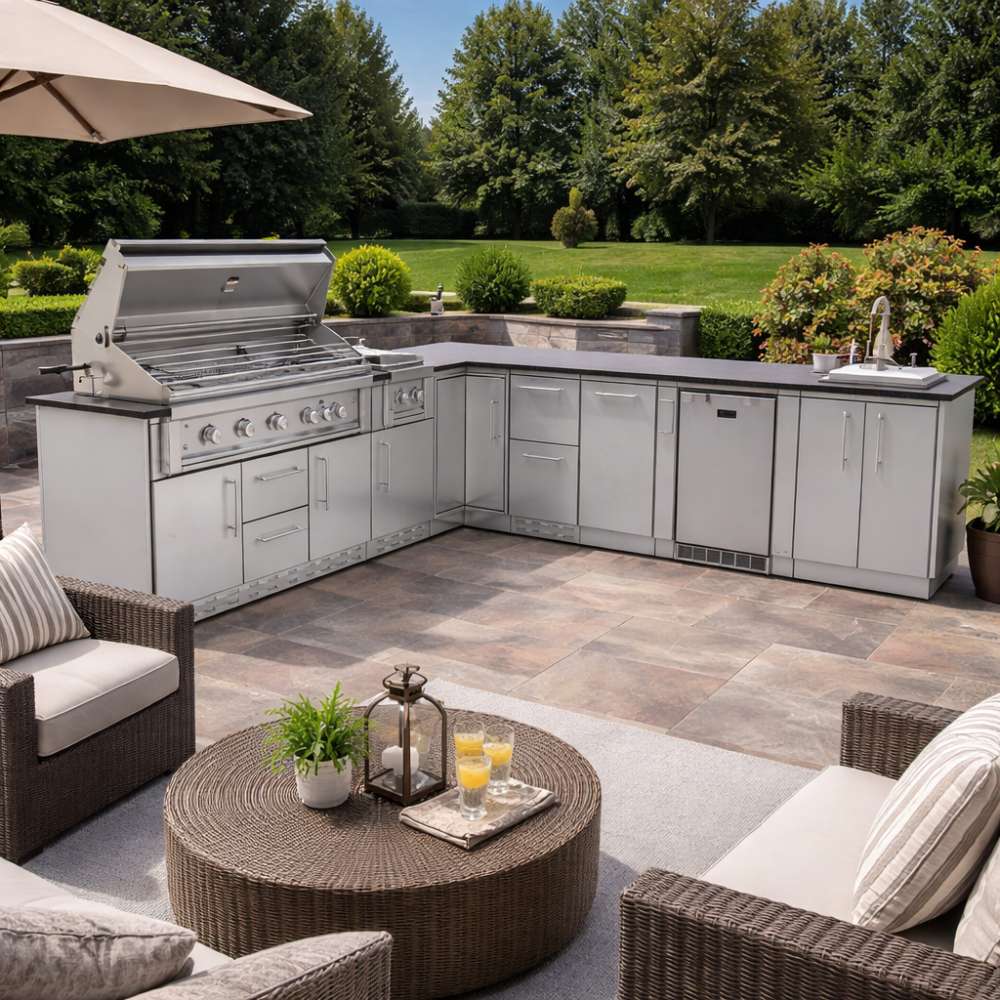 Outdoor lounge setup with Sunstone Rancher L-Shaped 8′11″ × 11′ Outdoor Kitchen Package and seating area