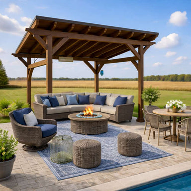 Outdoor seating with fire pit under the Brookside Timber Frame Ridgeview Pavilion on a patio with countryside views