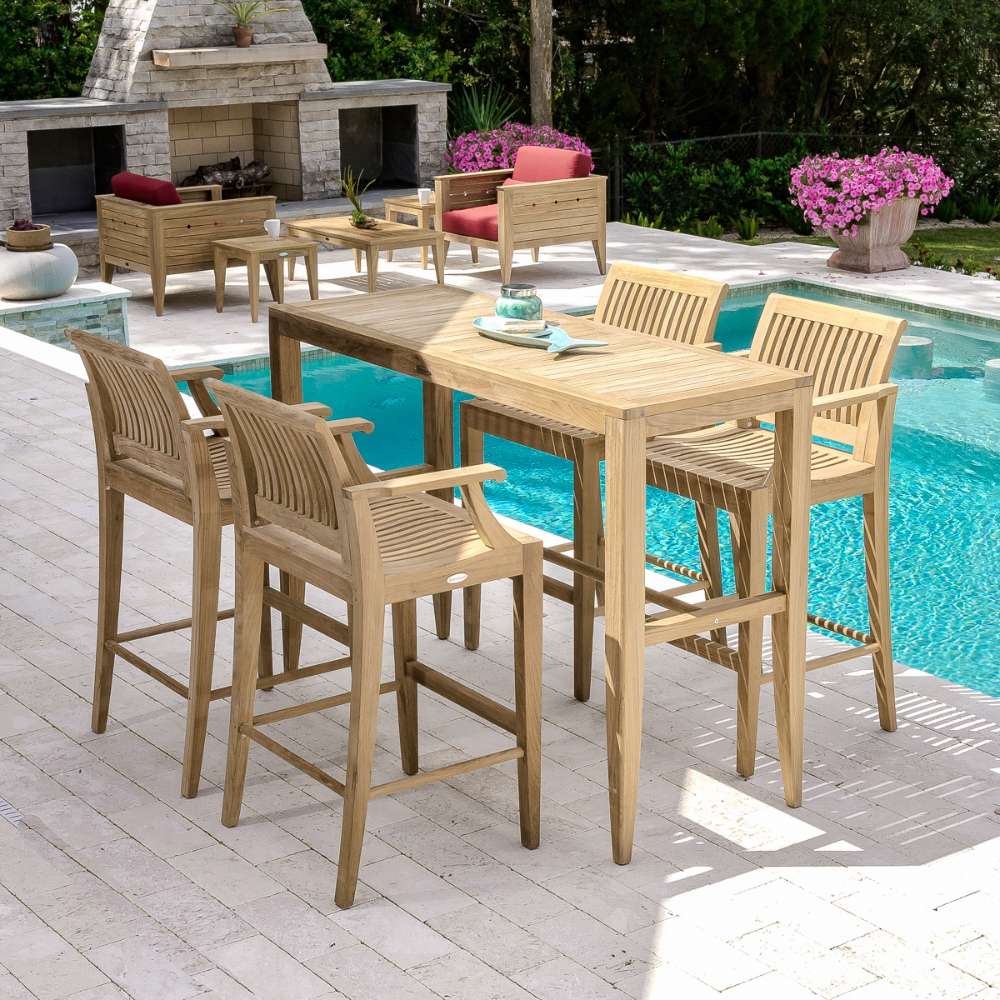 Outdoor setup of Westminster Teak 5ft Laguna Teak Bar Table with matching stools beside a pool and patio seating
