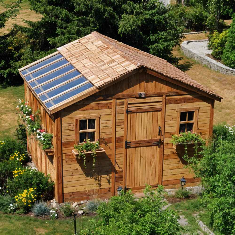 Outdoor Living Today 12×12 Sunshed Garden Shed sits in a garden with flower boxes under its windows and a roof lined with clear skylight panels