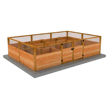 Outdoor Living Today 12×8 Raised Garden Bed is shown in a digital rendering with cedar panels and mesh fencing on a flat surface