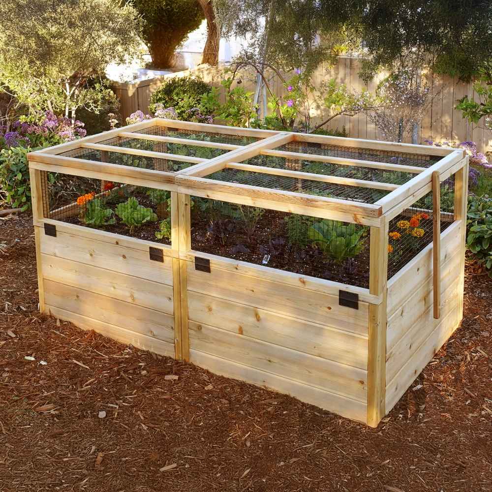 Outdoor Living Today 6×3 Raised Garden Bed sits in a flower-filled yard with mesh panels on top to shield plants while allowing airflow