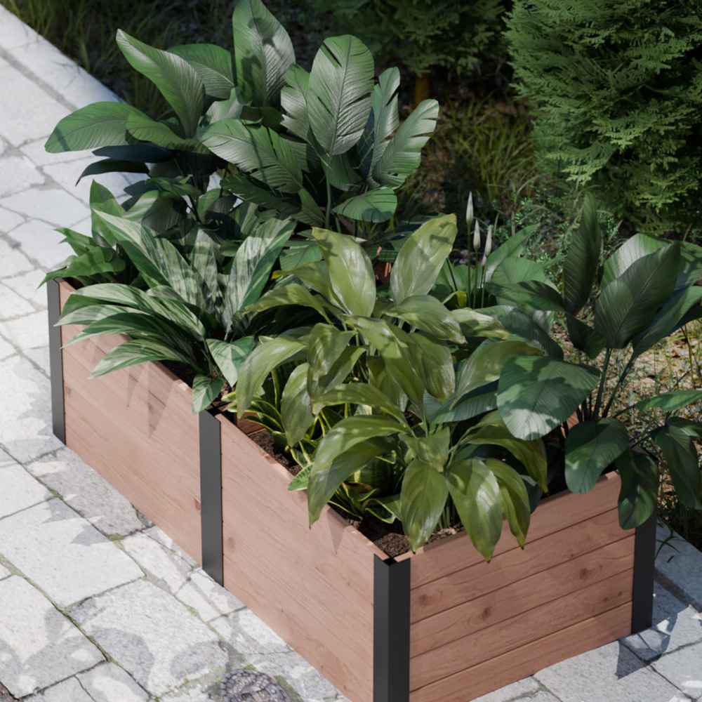 Outdoor Living Today 6×3 Urban Raised Garden Bed is filled with lush green tropical plants and placed on a stone patio near tall shrubs