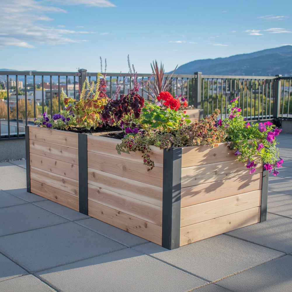 Outdoor Living Today 6×3 Urban Raised Garden Bed is overflowing with colorful flowers and positioned on a rooftop patio with mountain views