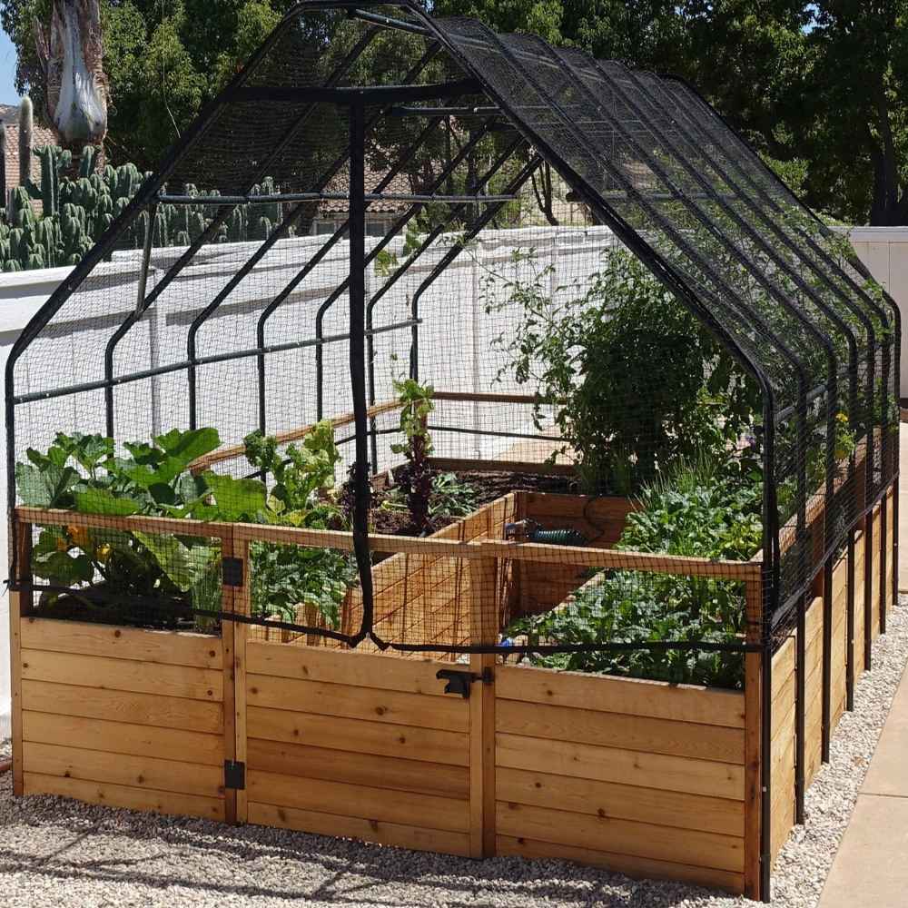 Outdoor Living Today 8×12 Raised Garden Bed features a sturdy wooden structure with a tall black mesh cover sheltering lush vegetable plants