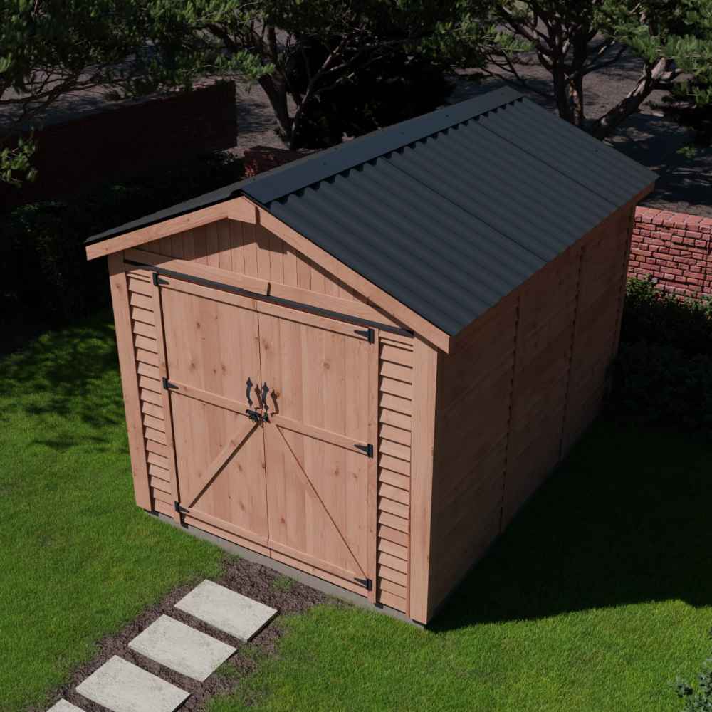 Outdoor Living Today 8×12 Space Master Storage Shed has a sleek black metal roof and sits neatly on a green lawn