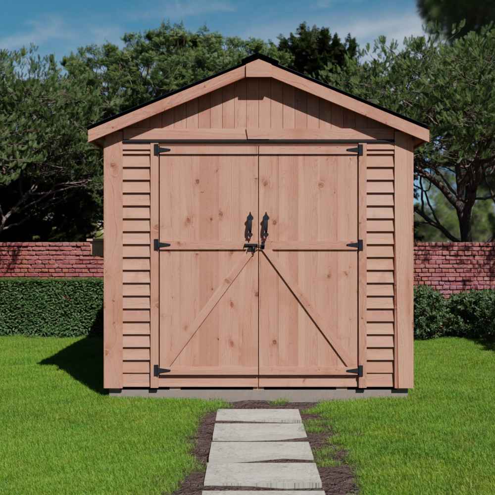 Outdoor Living Today 8×12 Space Master Storage Shed is shown head-on with its double doors centered along a stone path