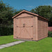 Outdoor Living Today 8×12 Space Master Storage Shed is viewed at an angle, highlighting its long wooden siding and black metal roof