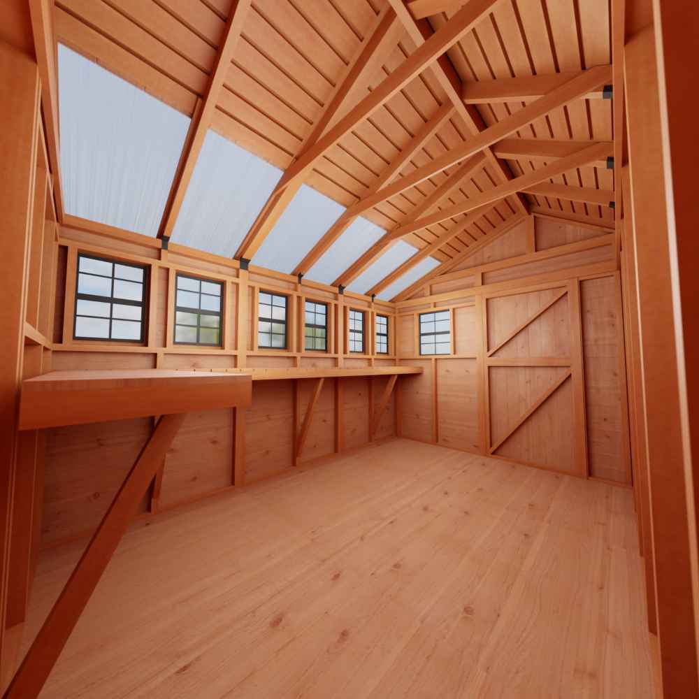 Outdoor Living Today 8×12 Sunshed Garden Shed interior features multiple windows under a bright skylight with wooden workbenches along the walls