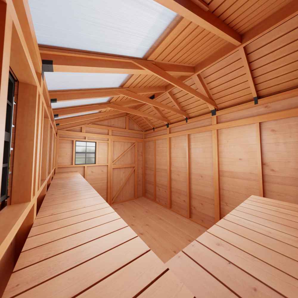 Outdoor Living Today 8×12 Sunshed Garden Shed interior shows exposed wooden beams, a solid wood floor, and a small window on the back wall