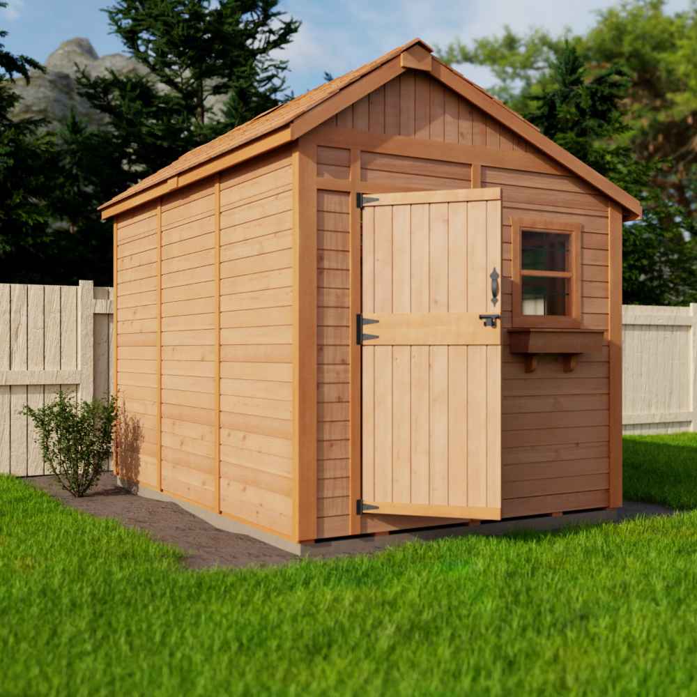 Outdoor Living Today 8×12 Sunshed Garden Shed is pictured from the back