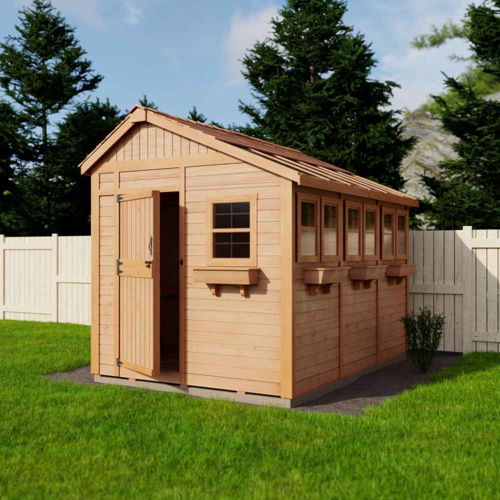 Outdoor Living Today 8×12 Sunshed Garden Shed stands in a bright green yard with its Dutch door open and flower boxes under its many windows