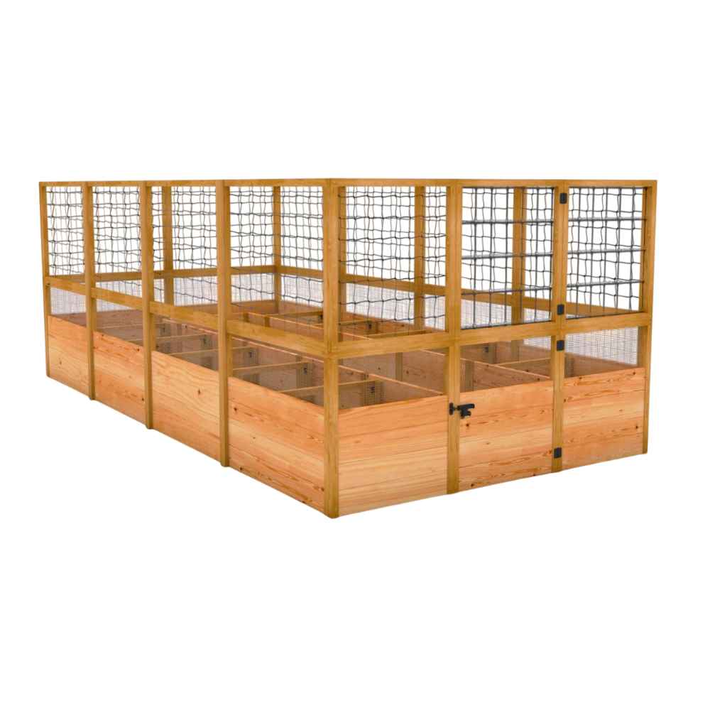 Outdoor Living Today 8×16 Raised Garden Bed with wire mesh sides and a small gate is displayed against a plain white background