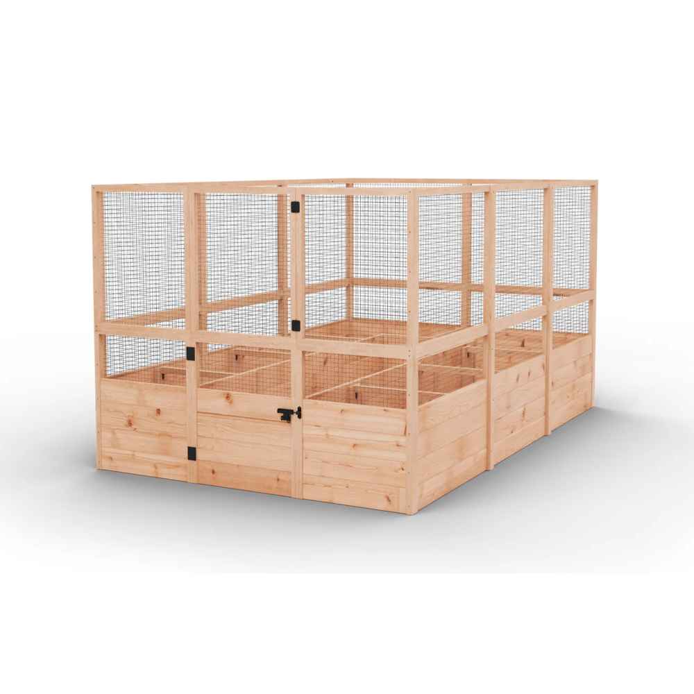 Outdoor Living Today 8×8 Raised Garden Bed displays a tall mesh fence around its wooden raised garden sections