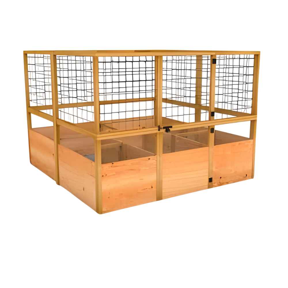 Outdoor Living Today 8×8 Raised Garden Bed features a square wooden design with a high mesh fence and a latched gate