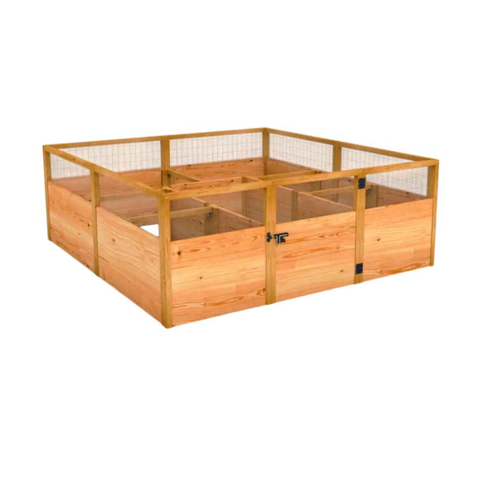 Outdoor Living Today 8×8 Raised Garden Bed is an empty wooden garden structure with mesh fencing and an entry gate