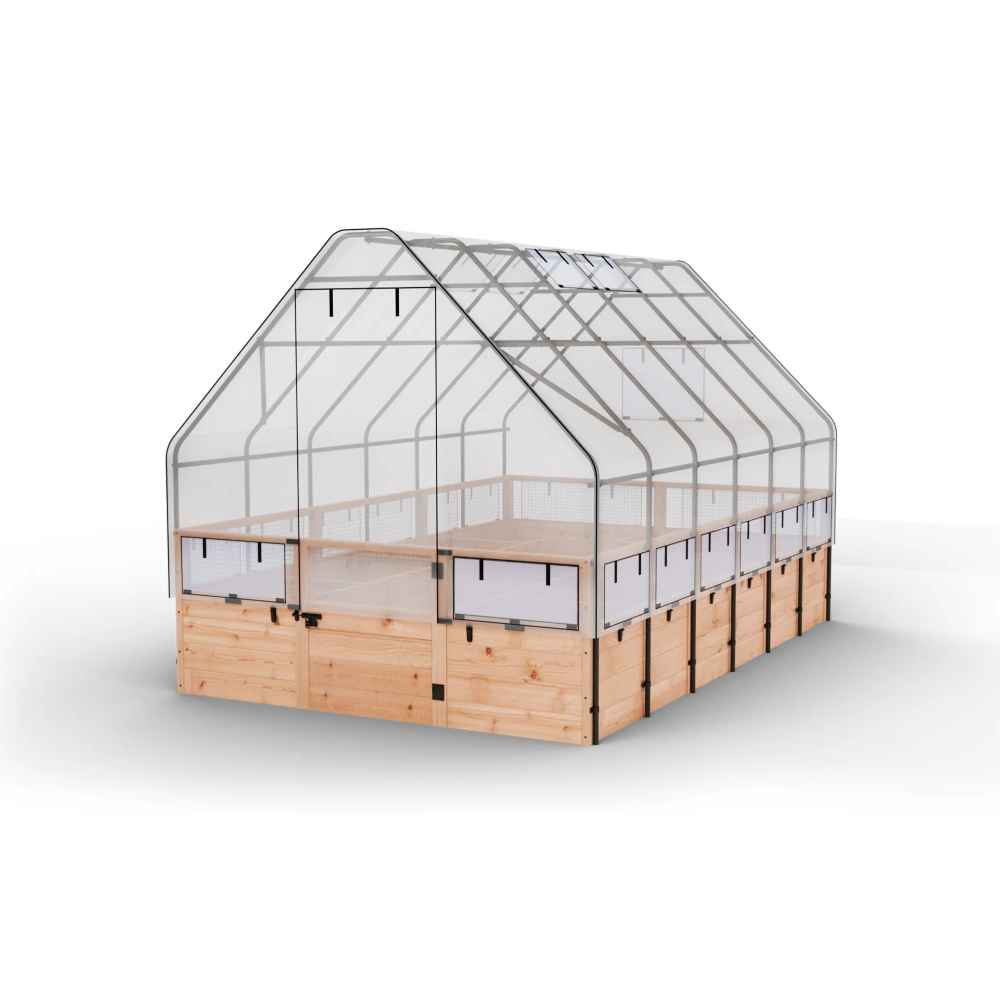 Outdoor Living Today 8×8 Raised Garden Bed is covered with a clear greenhouse structure to protect plants inside